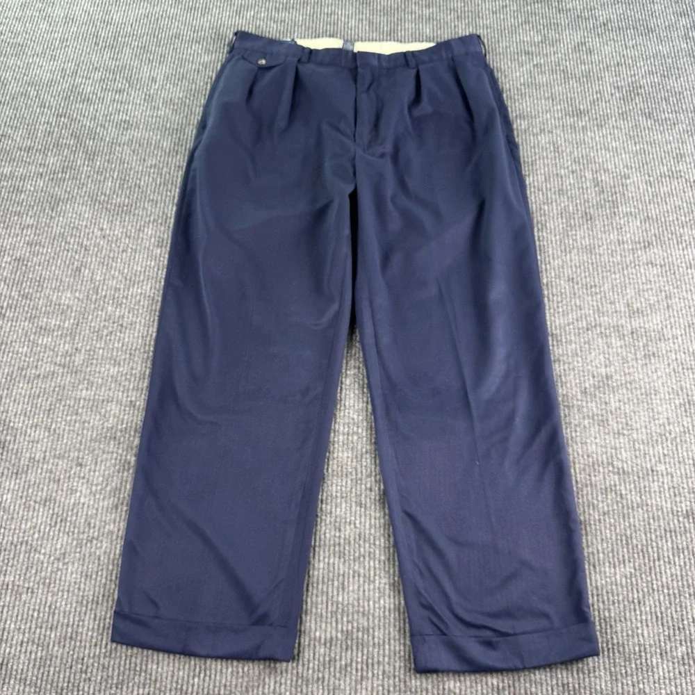 Vintage Polo Golf Ralph Lauren Dress Pants Men 38x30 Blue Pleated Cuffed Poly